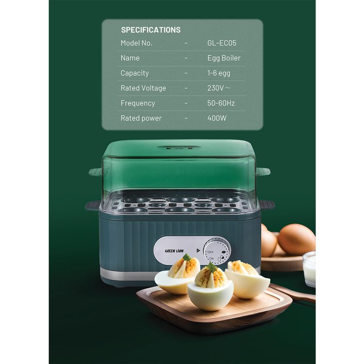 Green Lion Smart Egg Cooker with 1-6 Eggs Capacity, Jog Dial Control, 3-Level Cooking Mode, 400W Rated Power, Portable & Compact Design, Easy & Fast Cooking - Green