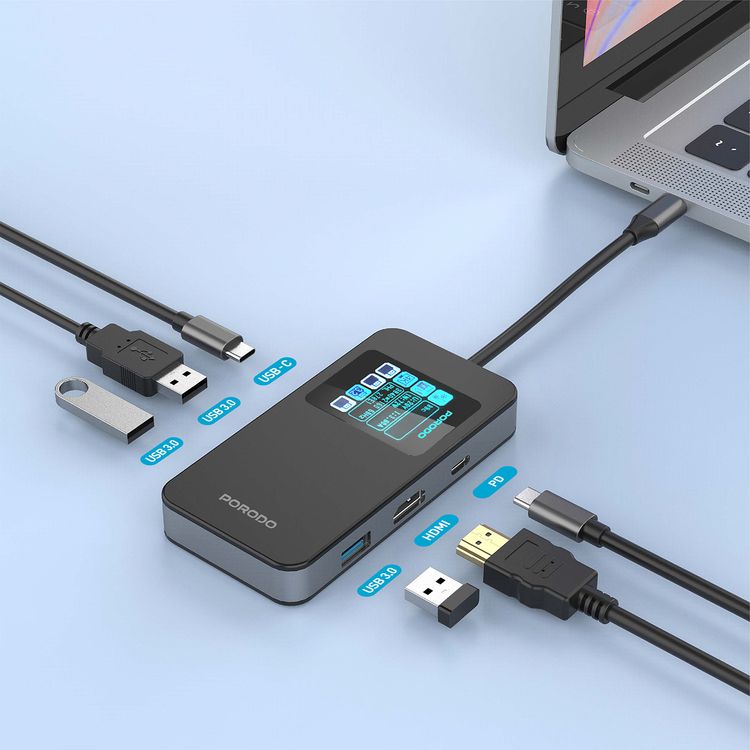 Porodo 6-in-1 Multi-Port USB-C Hub with Smart Digital Display, 150mm Cable Length, 4K@60Hz HDMI Output, 100W Power Delivery, High-Speed Data Transfer, Plug & Play Operation - Gray