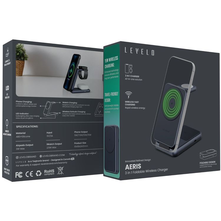 Levelo Aeris 3-in-1 Foldable Wireless MagSafe Charger with iWatch Wireless Charger, ABS & Silicone Material, Short Circuit Protection, LED Indicator, Over-Charge & Over Current Protection, 15W Wireless Fast Charging - Cloudy Gray