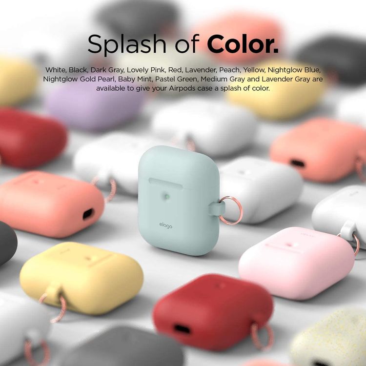 Elago Silicone Case with Anti-Lost Keychain Compatible with Apple AirPods 1/2 Wireless Charging Case, Front LED Visible, Anti-Slip Coating Inside, Premium Silicone - Baby Mint
