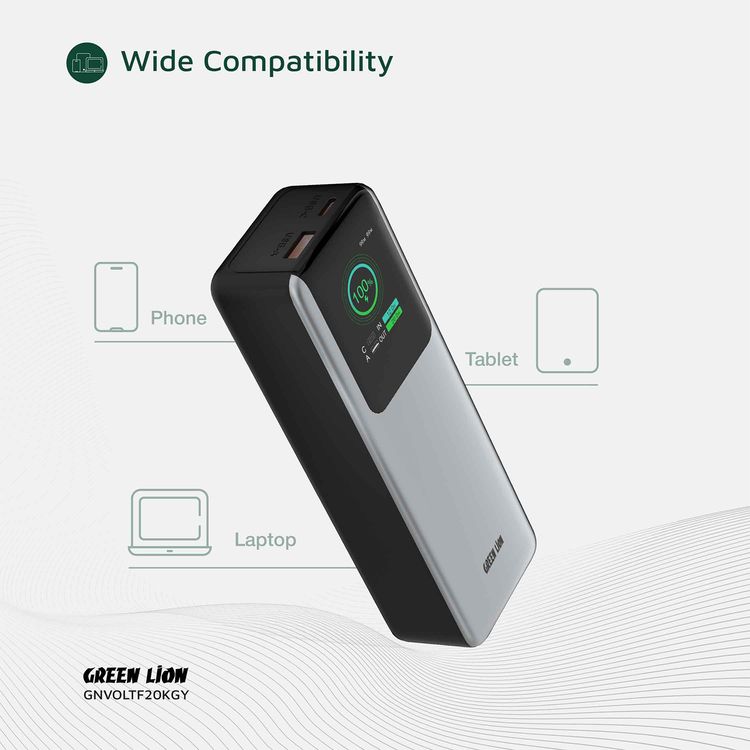 Green Lion Voltura 20000mAh Power Bank with TFT Display, Lightweight Design, Fast Charging, Wide Compatibility, Exquisite Appearance - Gray