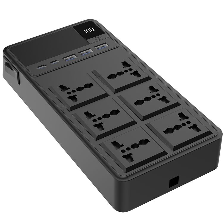Powerology 2500W Power Strip with 6 AC Sockets & Built-in Retractable Cables, 5 USB Ports, USB-C & Lightning Outputs, Built-in Safeguards, Fire-Proof Material, 24H Timer, Simultaneous Charging, 70cm Cables Length & 3m Power Cord Length - Black
