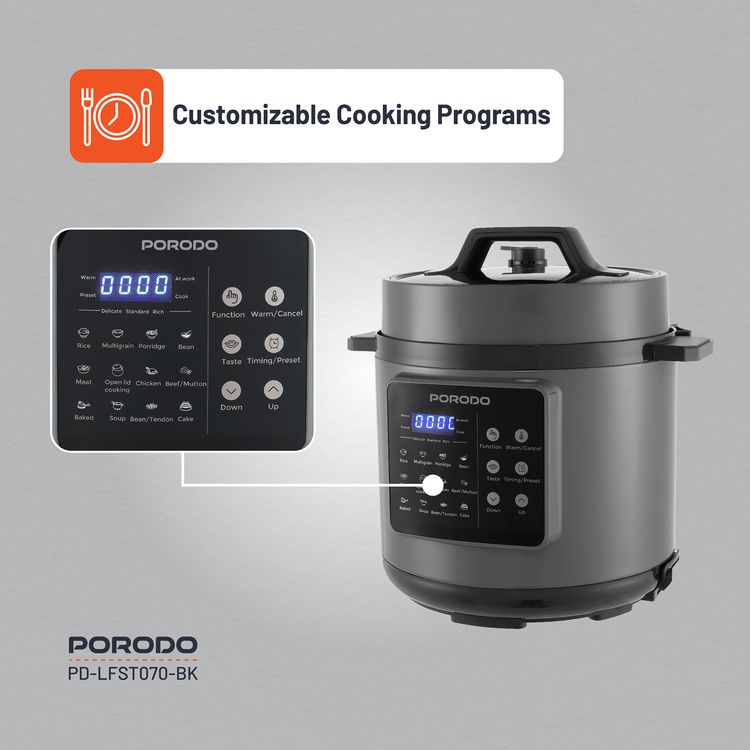 Porodo 1300W Multi-Cuisine Pressure Cooker with 6L Capacity & LED Display, One-Pot Meals, 12 Preset Functions, Pressure Release Button, One-Touch Control, Auto Pilot Cooking, Customizable Cooking Programs - Black