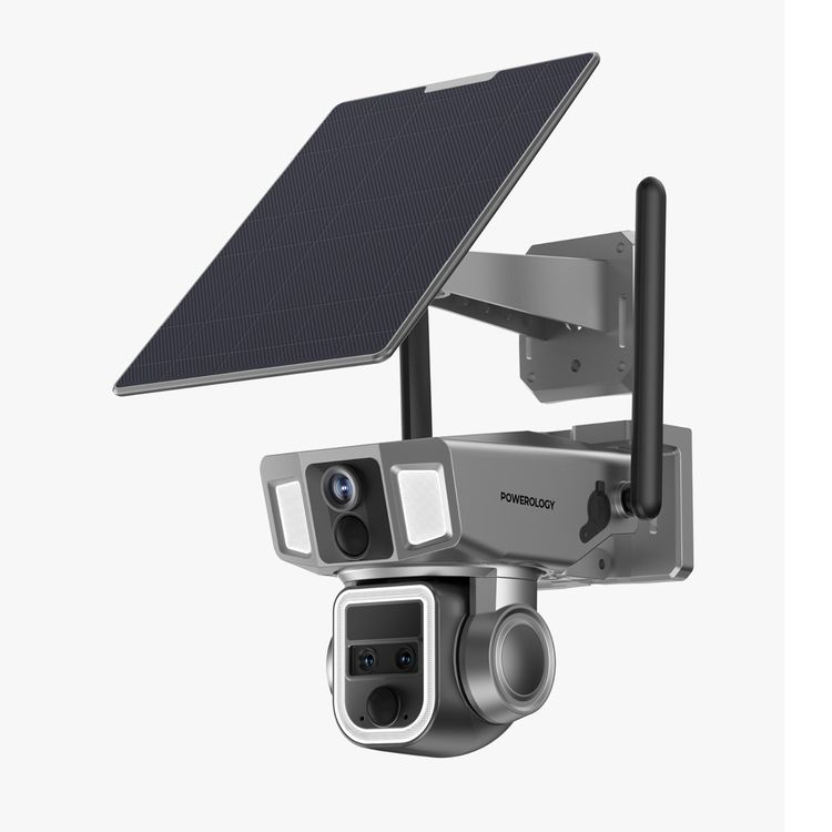 Powerology 360° Dual Lens Outdoor Camera, 4G/WIFI, 10x Continuous Zoom, Solar Power Recharging, Water Proof, Dust Proof, 2.4m Solar Panel Wire - Black 