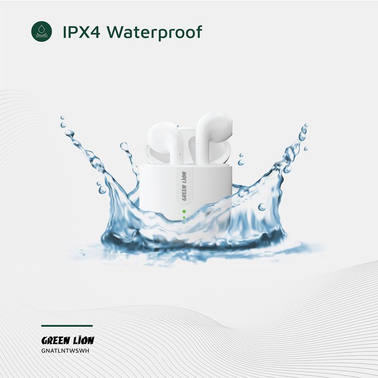 Green Lion Atlanta True Wireless Earbuds with Built-in Microphone, IPX4 Waterproof Level, Voice Assistant, HiFi Sound, Touch Control, 3 Hours Playtime - White