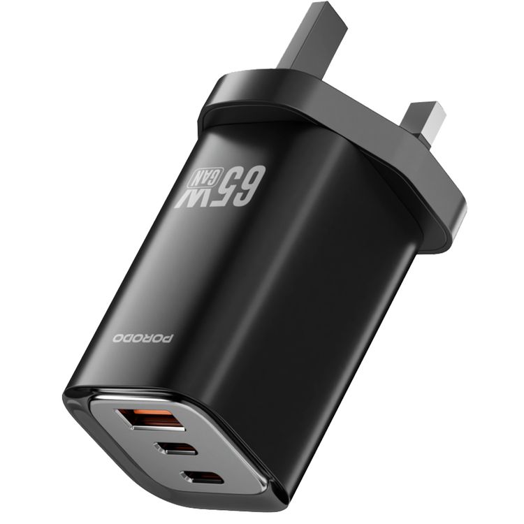 Porodo Triple Output Quick Wall Charger with 65W Power Delivery, Built-in Safeguards, Simultaneous Charging, 22.5W USB-A Output, Laptop Charging Compatibility - Black