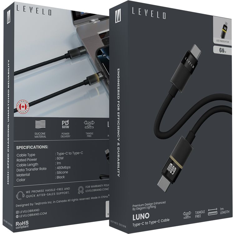 Levelo Luno USB-C to USB-C Cable with 60W Power Delivery, 1m Cable Length, 480Mbps Data Transfer Speed, Silicone Material, Tangle-Free, LED Indicator - black