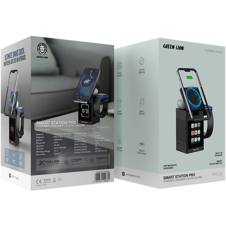 Green Lion Smart Station Pro with Wireless Charger, Speaker, Clock, Alarm, ABS + PC & Silicone Material, 8× N52 Magnets, 1000mAh Battery Capacity, Bluetooth Version 5.3, 10m Working Range, 2 Hours Charging Time, 2.5 Hours Working Time, Type-C Input Port, Smart Touch Display - Black