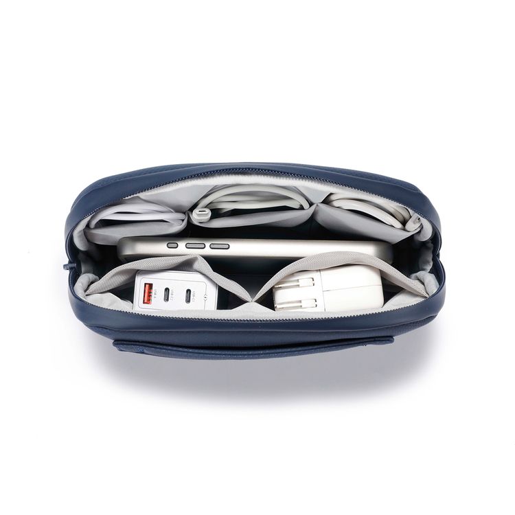 Porodo Geneva Tech Accessory Pouch with Easy-to-Carry Handle, 1L Capacity, PU Material, Zipper Closure, Water Resistant, Spacious Compartment, Cable Organizer - Blue