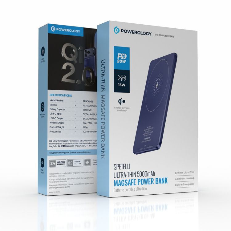 Powerology Ultra-Thin 5000mAh MagSafe Power Bank, Portable & Lightweight, Efficient Heat Dissipation, Aluminum Housing, Built-in Safeguards, Strong Magnet - Blue