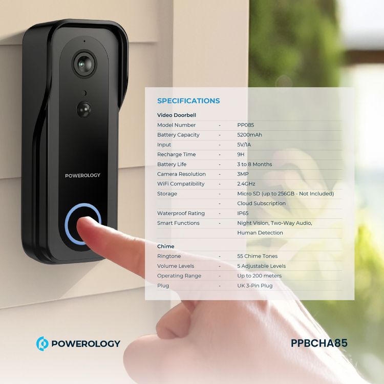 Powerology Smart Camera Doorbell with 3MP Camera Resolution, 5200mAh Battery Capacity, 9 Hours Charging Time, 3 to 8 Months Battery Life, Two-Way Audio, Night Vision - Black