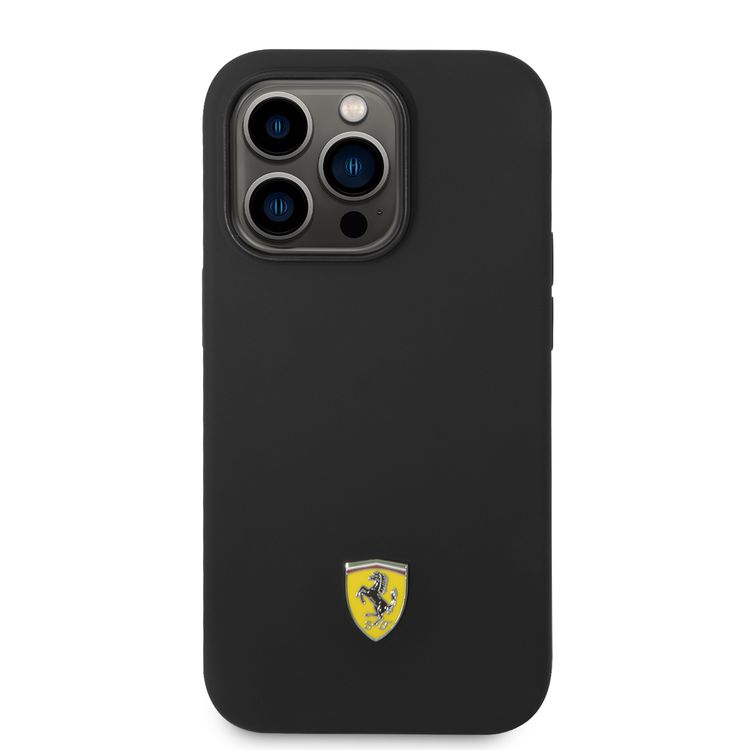 CG Ferrari Magsafe Compatibility Liquid Silicone Case with Metal Yellow Logo Shield iPhone 14 Pro Max Compatibility - Black