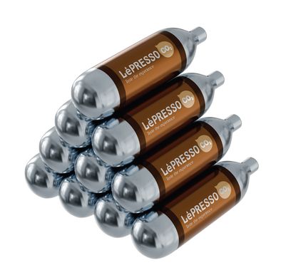 LePresso CO2 Chargers for Sparkling Water Bottles, 66mm Length, Over 15MPa Pressure Strength, 8g per Cylinder Gas Weight - Silver