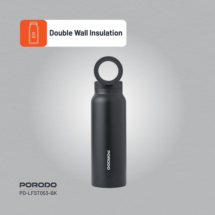 Porodo Magnetic Mount Water Bottle with Strong Magnetic Hold, Stainless Steel Material, Double-Wall Insulation, Versatile and Portable, Strong Magnetic Hold, Works with MagSafe, Wide Round Mouth - Black 