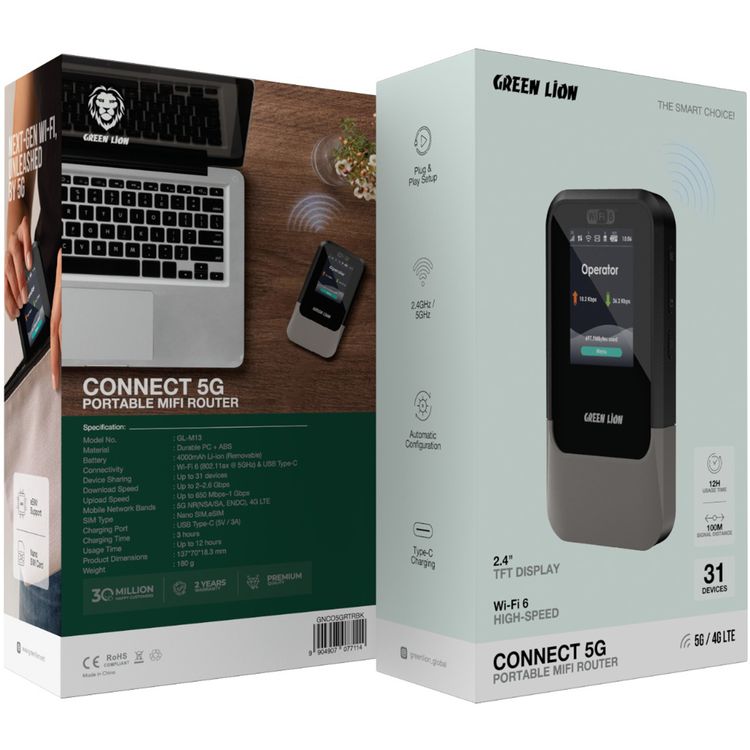 Green Lion Connect 5G Portable MiFi Router with 2.4" TFT Display, Up to 12 Hours Usage Time, Plug & Play Setup, Nano SIM & eSIM Support, 100m Signal Distance, Automatic Configuration, USB-C Charging Port - Black