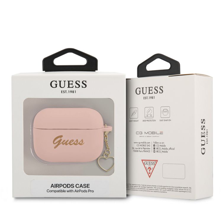 Guess GUAPLSCHSP Silicone Case for Apple Airpods Pro , Charm Collection with Anti-Lost Heart Ring , Officially Licensed - Pink