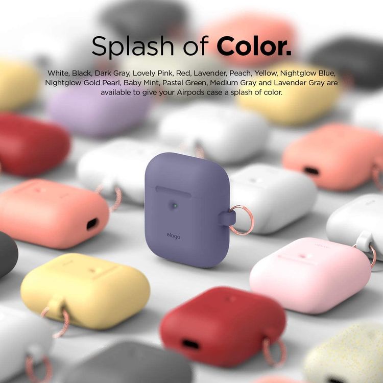 Elago Silicone Case with Anti-Lost Keychain Compatible with Apple AirPods 1/2 Wireless Charging Case, Front LED Visible, Anti-Slip Coating Inside, Premium Silicone - Lavender Gray