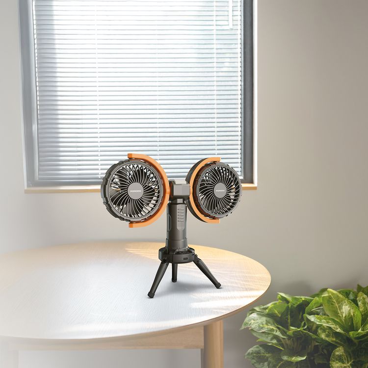 Porodo Lifestyle Dual-Head Oscillating Fan with LED Light, Power Bank, ABS & PP Material, 8000mAh Battery Capacity, Stable Tripod Base, Type-C Charging Port, 4 Levels Fan Speed, Hidden Hook - Black