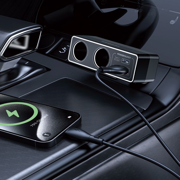 Powerology Brio Multi-Port Car Charger with PD 36W, QC 18W, 120W Cigarette Lighter Ports, Single USB-A & USB-C Ports, 54W Total Output, LED Ambient Lights, Dual Cigarette Lighter Socket - Black