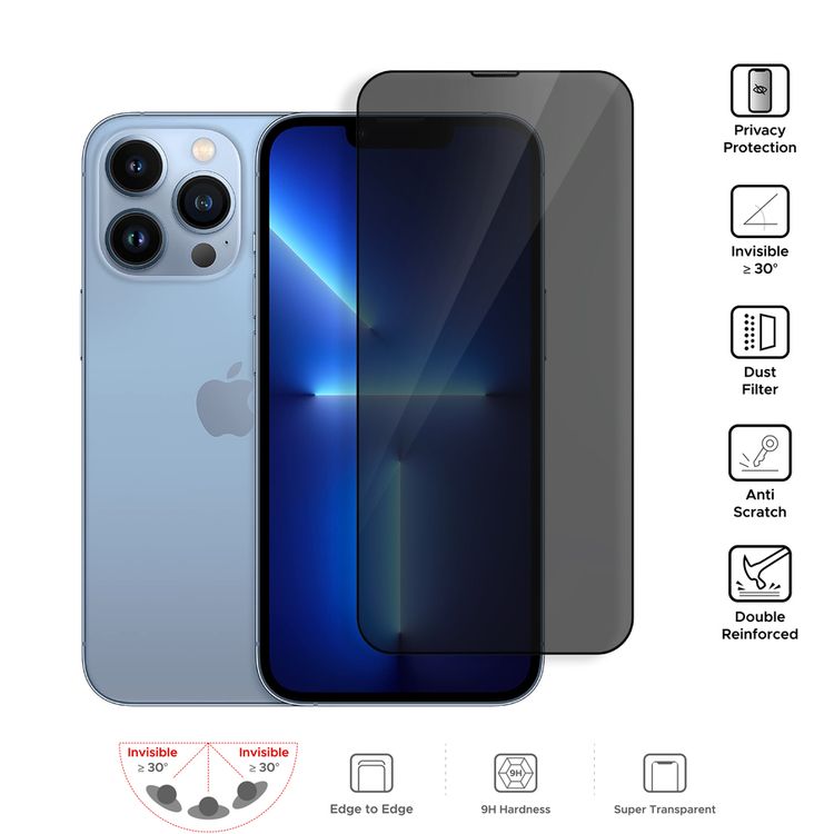 واقي شاشة كامل للخصوصية من Liberty Guard بحافة مستديرة سوداء مع فلتر غبار لهاتف iPhone 13 / 13 Pro