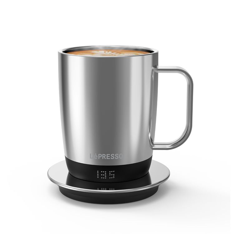 LePresso AURELIO Mug with Temperature Control Base,  IPX7 Waterproof Grade, Type-C Charging Port, Stainless Steel 304 + PC + Ceramic Material, 300mL Capacity - Silver