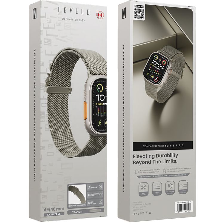 حزام ساعة Levelo SkyWeave، متوافق مع الساعات الذكية 49/46 ملم وساعة Apple Watch SE، السلسلة 9، 8، 7، 6، 5، هيكل من قطعتين، مقاوم للماء، للارتداء على مدار الساعة طوال أيام الأسبوع - التيتانيوم