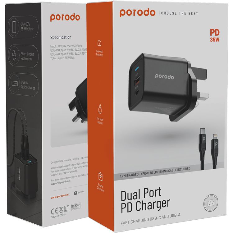 Porodo Dual Port PD Charger with Type-C to Lightning Cable, Fast Charging USB-C & USB-A Outputs, 35W Power Delivery, 18W USB-A Output, Overheat Protection, UK 3-Pin Plug - Black