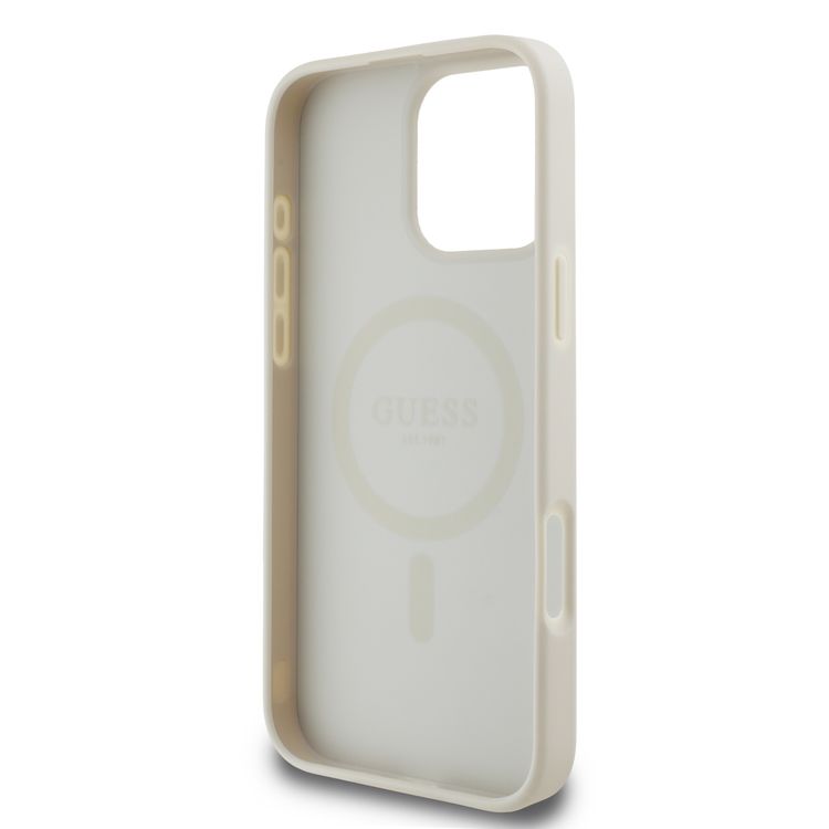 Guess Magsafe PU Grained with Gold Ring and Logo Case for iPhone 16 Pro, High Quality Material, Comfortable and Secure Grip, Lightweight - Beige