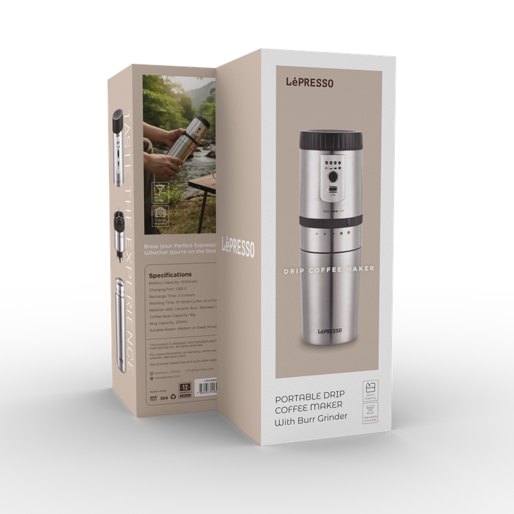 LePresso Portable Burr Mini Grinder and Coffee Maker with Type-C Charging Port, Adjustable Grind Size, Drip Filter, Travel Mug, 250mL Mug Capacity, 18g Coffee Bean Capacity, 1600mAh Battery - Silver