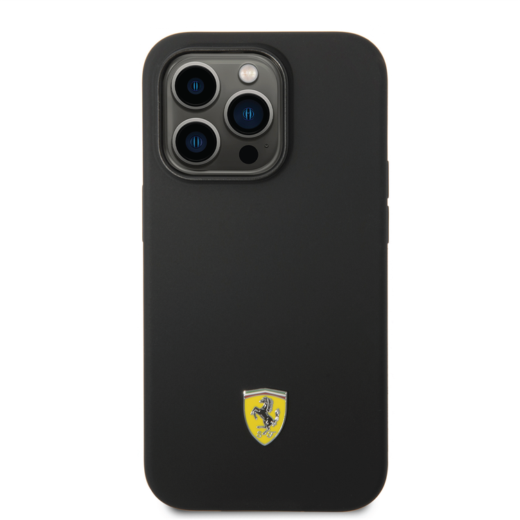 Ferrari Liquid Silicone Case with Black Camera Outline & Metal Logo iPhone 14 Pro Compatibility - Black