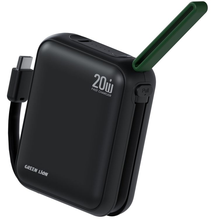 Green Lion Soho Power Bank 10000mAh with PD 20W Fast Charging, Flight Approved, Type-C Input/Output Port, LED Battery Indicator, Easy-Carry Lanyard, Detachable Type-C Cable, Safety Protections - Black