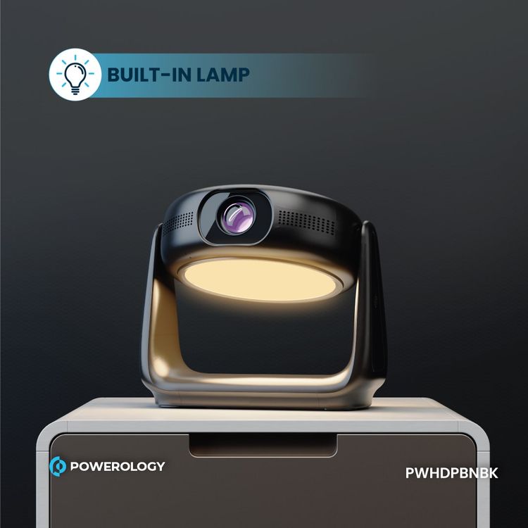 Powerology Rotating Stand Portable Projector, Auto Keystone & Focus, Built-in Lamp, Android 11.0, Bluetooth 5.0, Airplay & Miracast, 5200mAh Battery Capacity, 1GB DDR3 RAM - Black