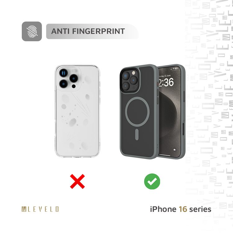 Levelo Matte Solo Case with MagSafe Compatibility for iPhone 16 Pro Max, Impact-Resistant Corners, Anti-Fingerprint, Hybrid Construction - Gray