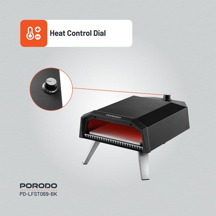 Porodo Lifestyle 12" Pizza Outdoor Oven with Foldable Legs, 60s Cooking Time, 500° C Rapid Heating, Butane & Propane Compatible, 30-45 Minutes Pre-Heat Time, Piezo Ignition - Black