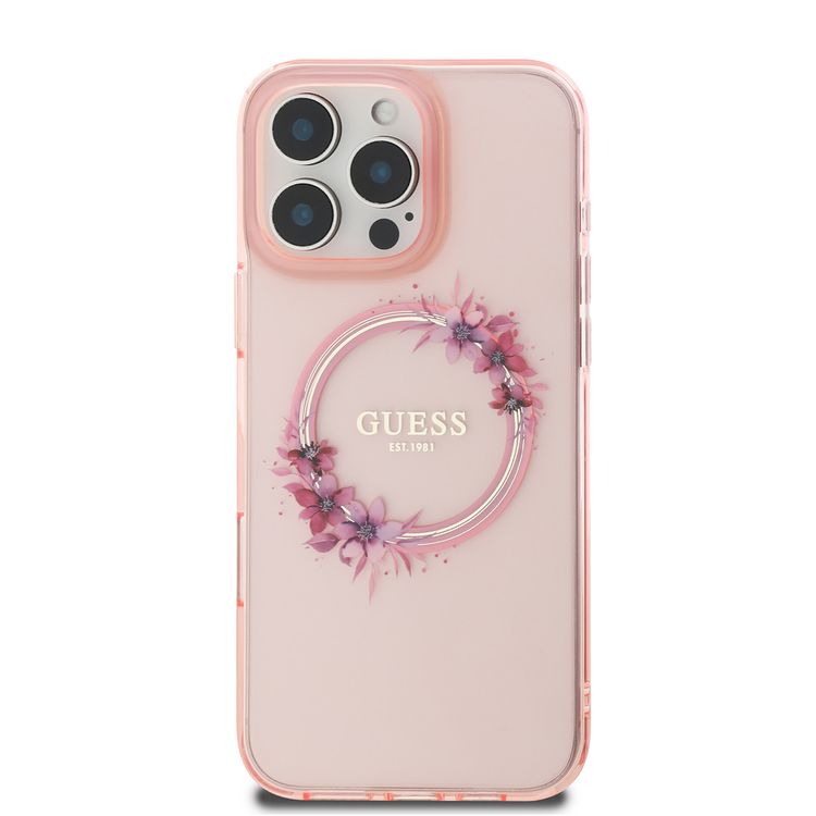 Guess Magsafe IML Hard Case with Flower Wreath Design for iPhone 16 Pro Max, Lightweight, Comfortable and Secure Grip, High Quality Material - Pink