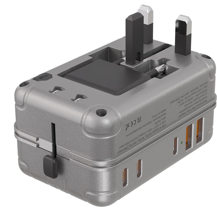 Levelo Roamiversal 2400W Adapter with 35W Power Delivery, 2×USB-A & 3×USB-C Ports, LED Indicator, Universal Output Plugs, Simulataneous Charging - Aluminum Silver 