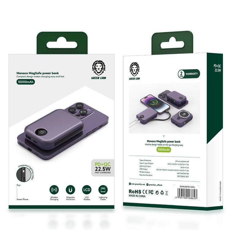 Green Lion Monaco MagSafe 10000mAh Power Bank with Built-in Lightning Cable, Wireless Charging Compatibility, 22.5W PD & QC Output, 15W Wireless Output, LCD Display - Purple
