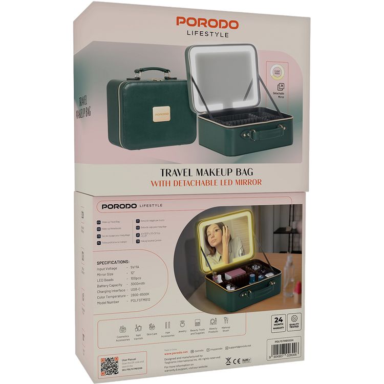 Porodo Travel Makeup Bag with Detachable 12" LED Mirror, 2000mAh Battery, 100 LED Beads, 2800K-6500K Color Temperature, 3 Light Modes, Multiple Compartments - Green