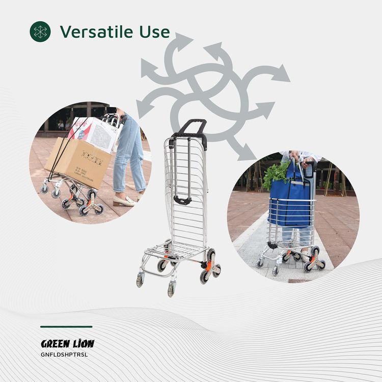 Green Lion Foldable Shopping Trolley with Shopping Bag & Elastic Ring, 20kg Maximum Load, Multiple Use, 8 Wheels, 360° Rotating Handle - Silver
