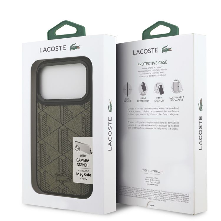جراب Lacoste MagSafe بغطاء جلدي صناعي مع شعار Nomogramme وحامل كاميرا لهاتف iPhone 17 Pro، تصميم نحيف، معبأ بمواد مستدامة، حماية من الصدمات، تصميم سهل التركيب - أخضر