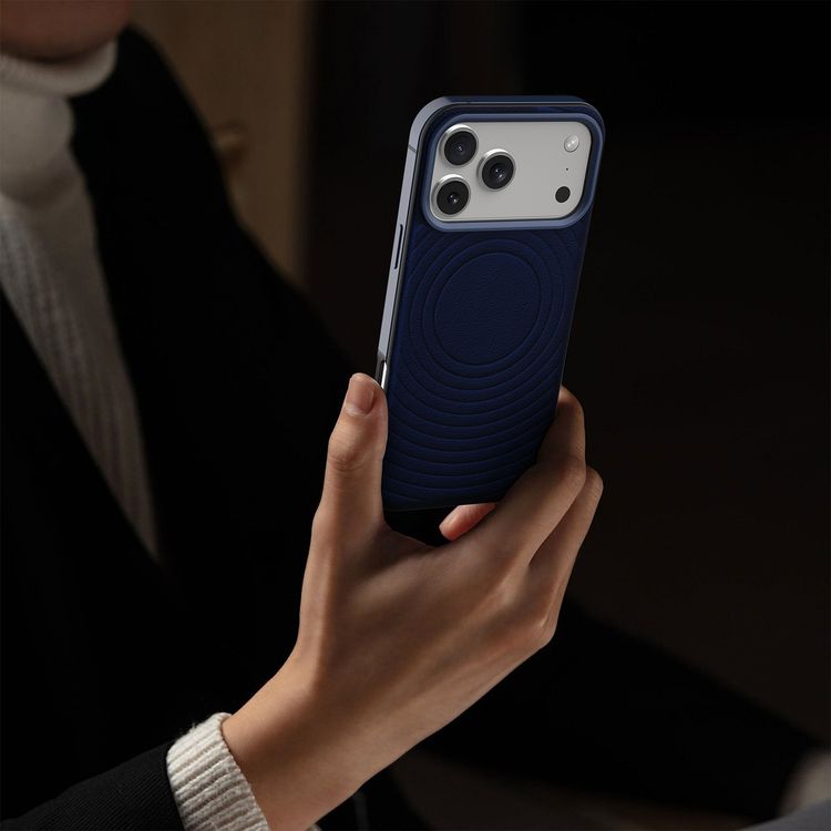 Levelo Spirale PU Leather Hybrid Case for iPhone 17 Pro, MagSafe Compatible & Strong Magnets, Impact-Resistant, Shock-Resistant Bumper, Aluminum Alloy Frame for Camera & Edges, Drop-Tested - Midnight Blue