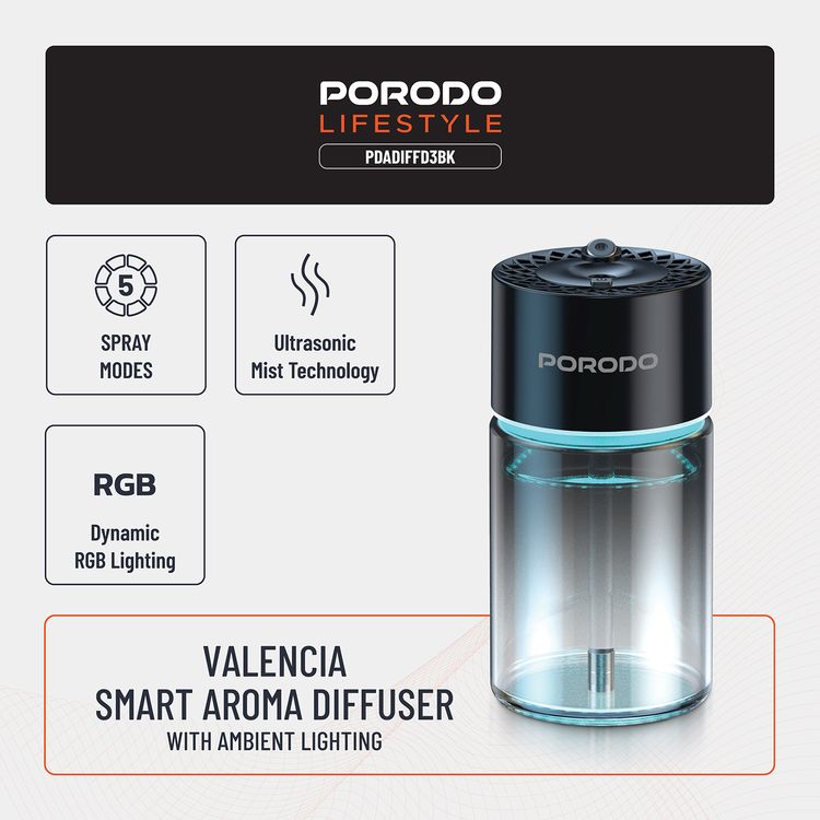 Porodo Valencia Smart Aroma Diffuse with Ambient Lighting, 120mL Bottle Capacity, 300mAh Battery Capacity, Type-C Charging Port, Smart Sensor, 5 Spray Modes - Black