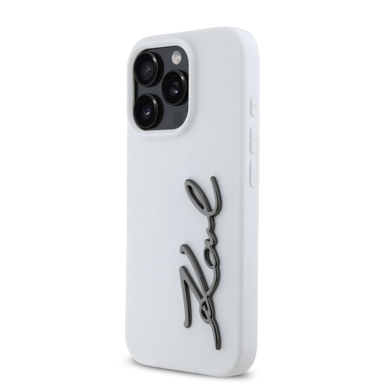 Karl Lagerfeld Silicone Case with Metal Signature Logo for iPhone 16 Pro, Drop Protection, Easy Snap On, Comfortable Grip - White