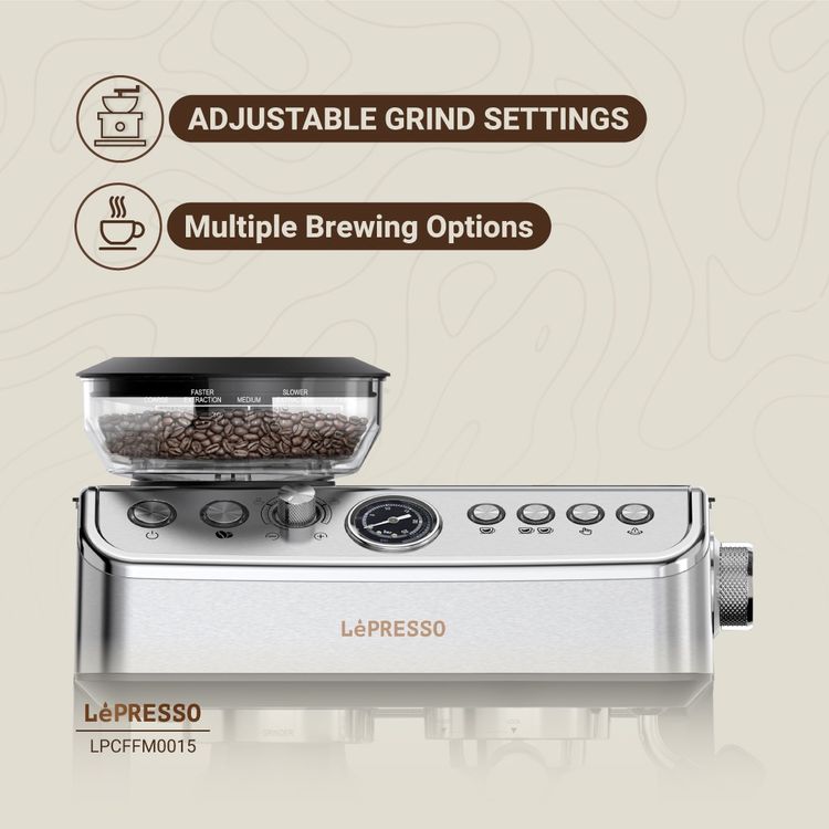 LePresso 20 Bar Espresso Coffee Maker with Bean Grinder, Cup Warmer, Milk Steamer, Multiple Brewing Options - Silver 