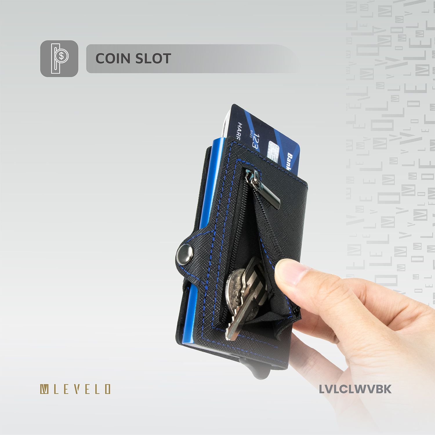 Levelo Cache Genuine Leather Wallet, Lightweight & Compact Design, Rfid Protection, 8 Card Slots, Money Clip, Coin Slot - Black