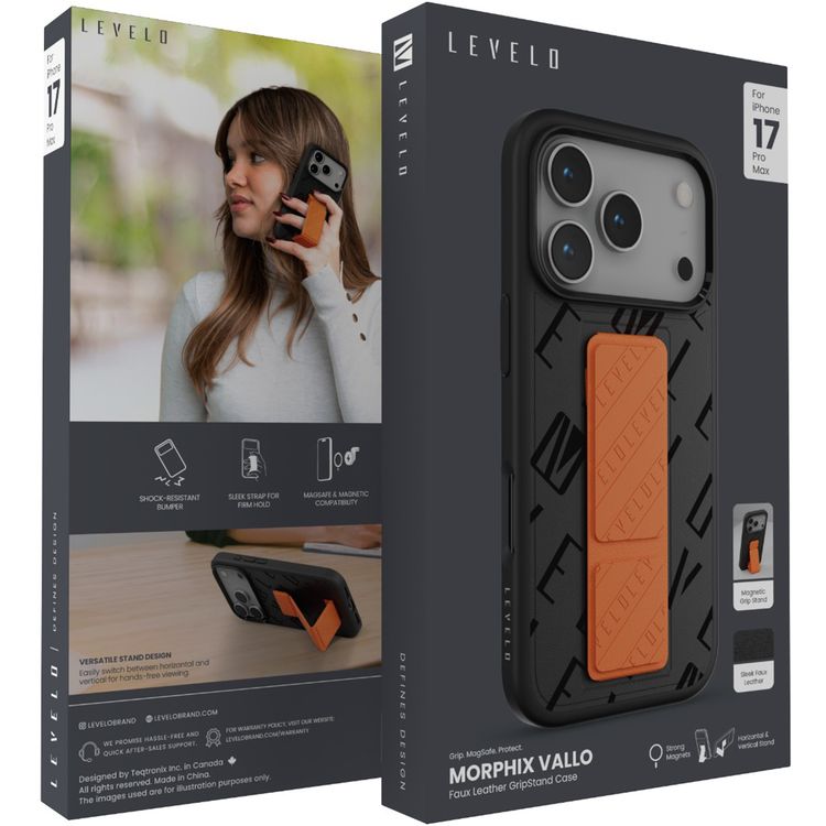 Levelo Morphix Vallo Faux Leather GripStand Case for iPhone 17 Pro Max, MagSafe & Magnetic Compatibility, Horizontal & Vertical Stand Positions, True Microfiber Interior Lining, Shock-Resistant Bumper, Strong Magnets - Onyx Flame