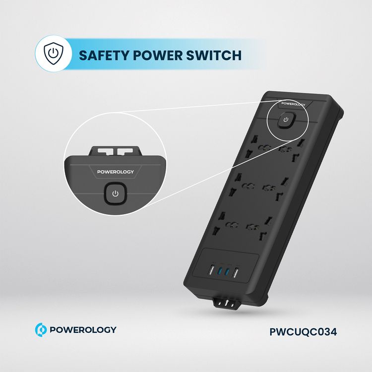 Powerology Power Strip with Power Switch, 20W PD, 3m, UK Plug, 5V/3A Simultaneous Use, 2 USB-C Ports, 2 USB-A Ports, 6 AC Sockets - Black