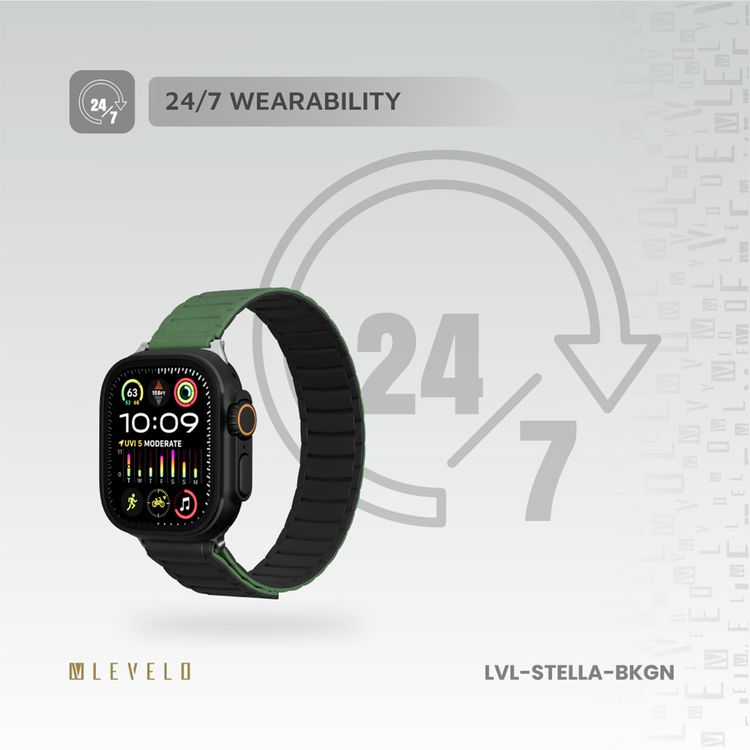 Levelo Stella Silicone Watch Strap with Magnets, Compatible with 49/46mm Smartwatches & Apple Watch SE, Series 9, 8, 7, 6, 5, Dual-Color Wearable, Hypoallergenic Material, Easy Snap-On, Sweat-Resistant, Water-Resistant - Black / Green