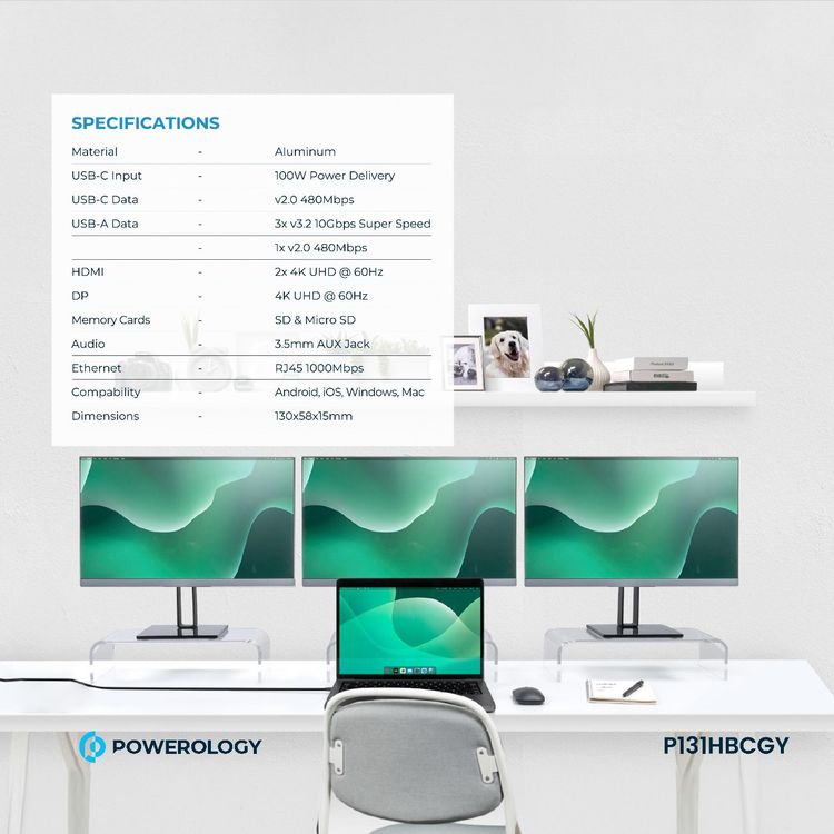 Powerology 13-in-1 USB-C Hub, 4K, HDMI, Type-C, 100W PD, Ethernet, USB SD MicroSD, 3.5 AUX - Gray