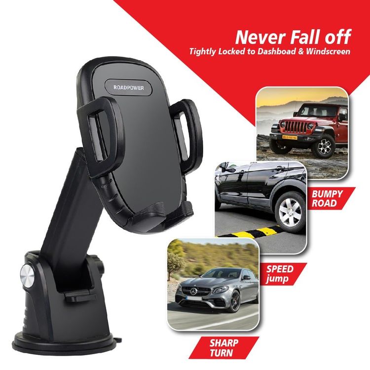 حامل الهاتف المحمول للسيارة من RoadPower، حامل الهاتف على الزجاج الأمامي، متوافق مع جميع الأجهزة المحمولة